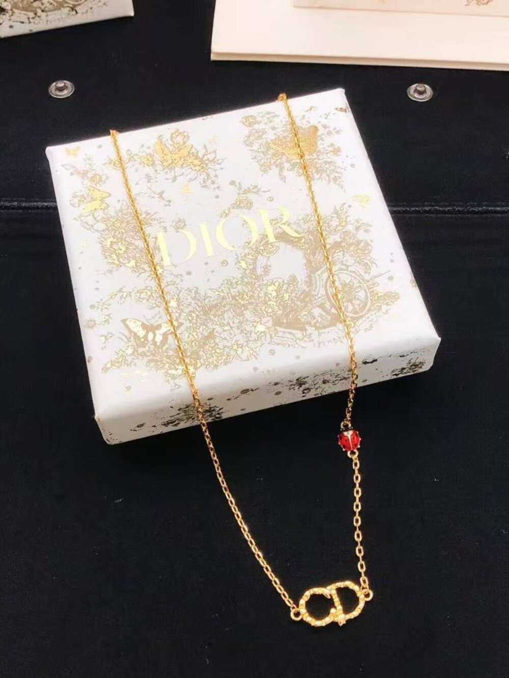 Dior Gold‑Tone CD Logo Red Bead Detail Adjustable Chain Necklace